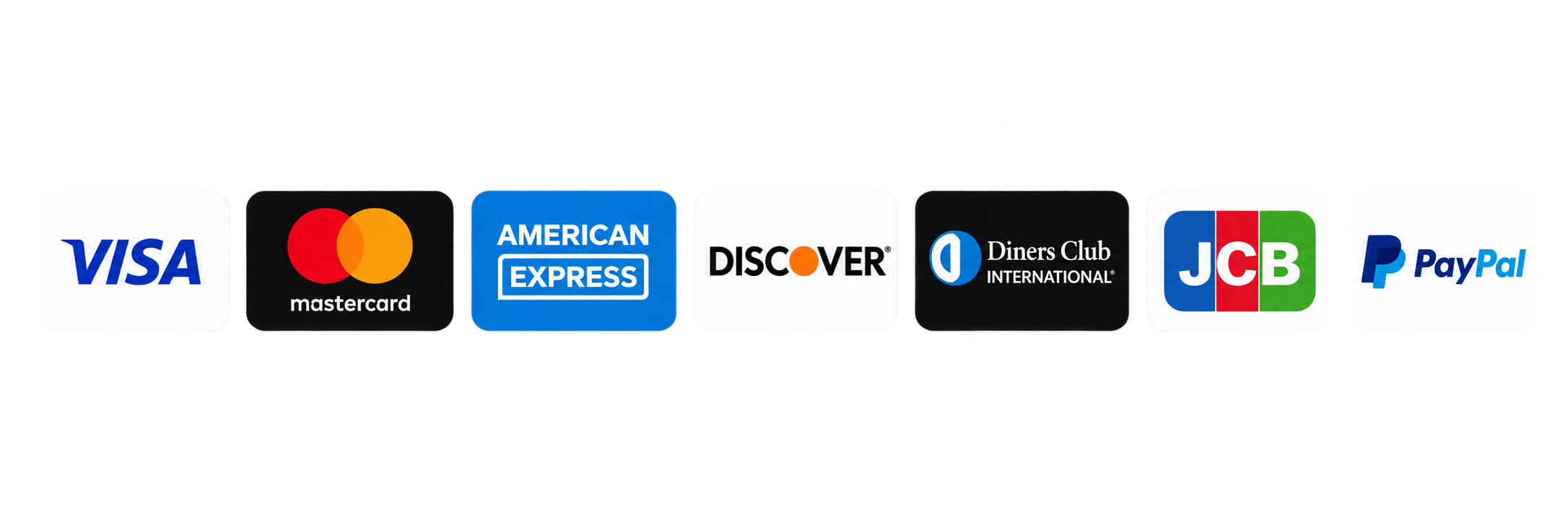Accepted payment methods: Visa, Mastercard, American Express, Discover, Diners Club, JCB, and PayPal